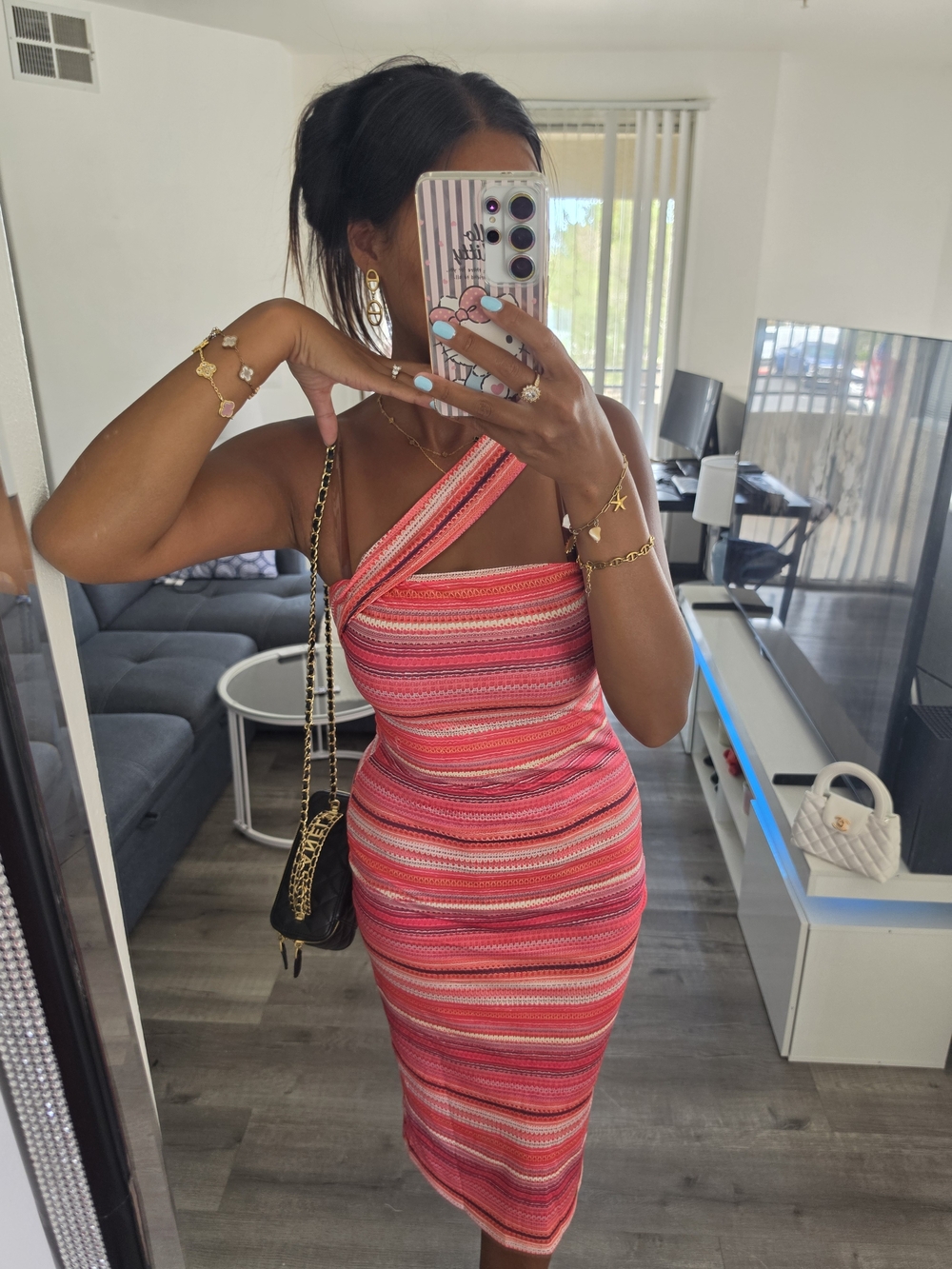 Women's Pink Striped One-Shoulder Bodycon Dress - Picture 14 of 17